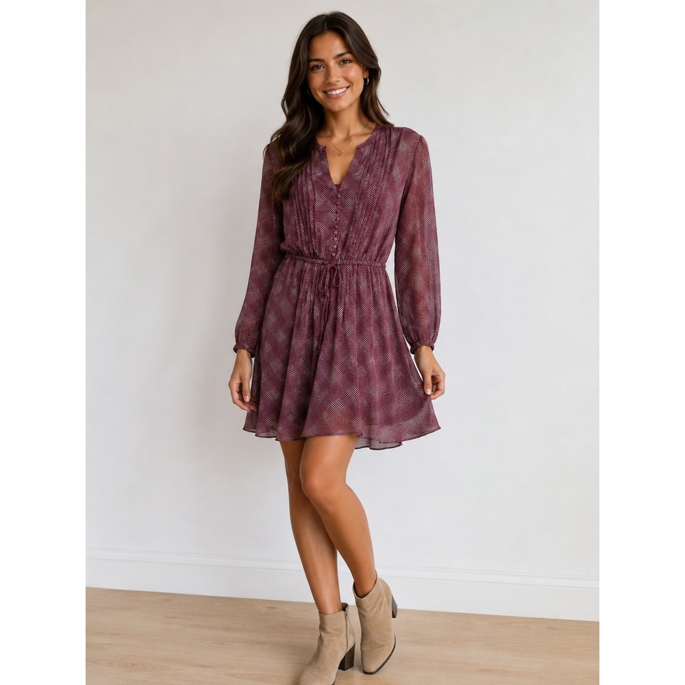 Maison Jules Fit and Flare Dress Burgundy Plaid Chiffon Academia Preppy M Work